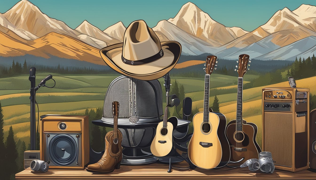 A cowboy hat sits atop a vintage microphone, surrounded by guitars and cowboy boots, with a backdrop of rolling hills and a country music stage