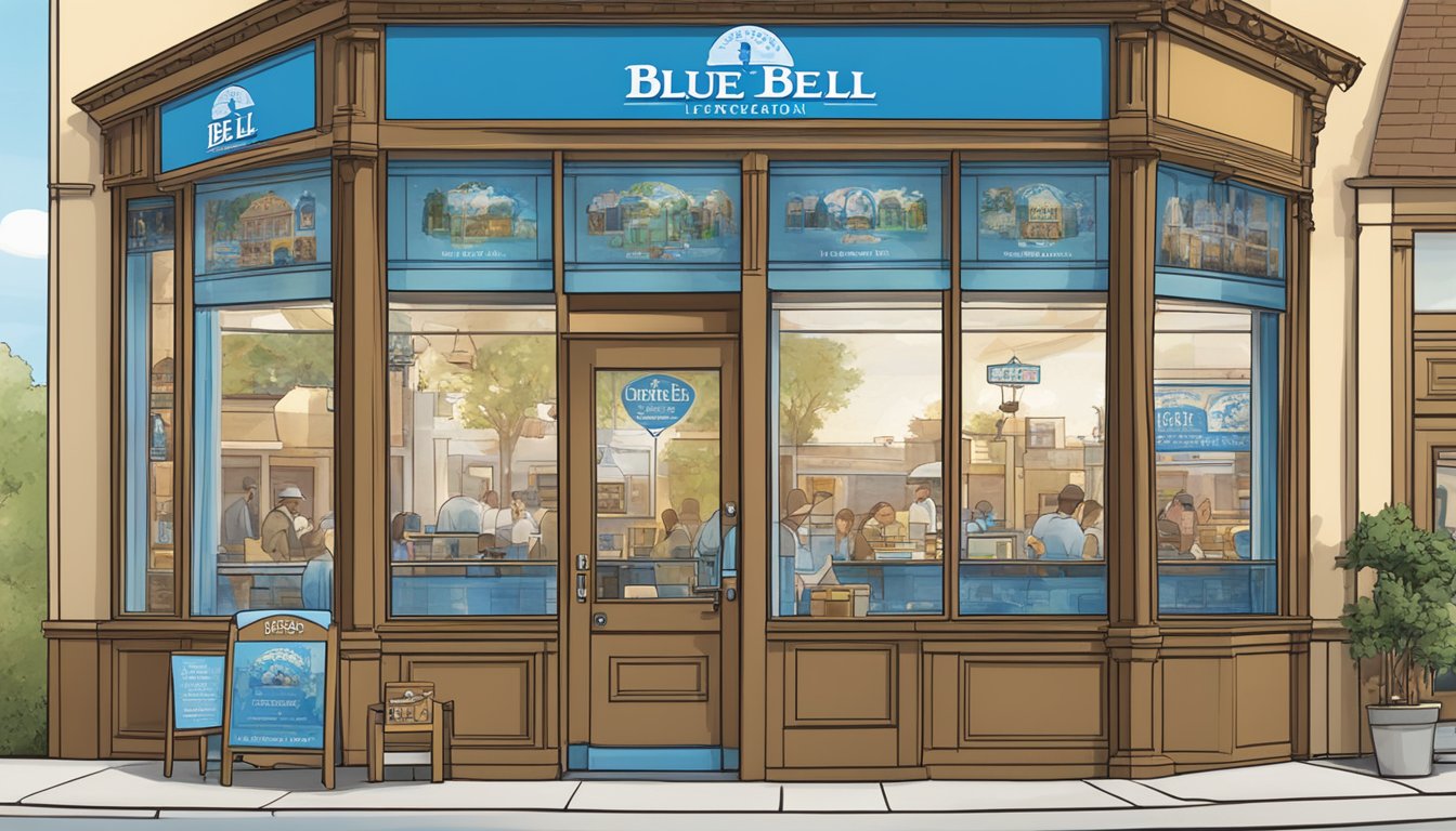 Blue Bell logo prominently displayed in a local ice cream shop window, surrounded by images of community events and partnerships