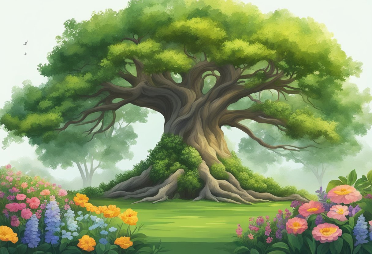 A tree growing tall with deep roots, surrounded by a variety of vibrant, blooming flowers and plants in a lush, green garden