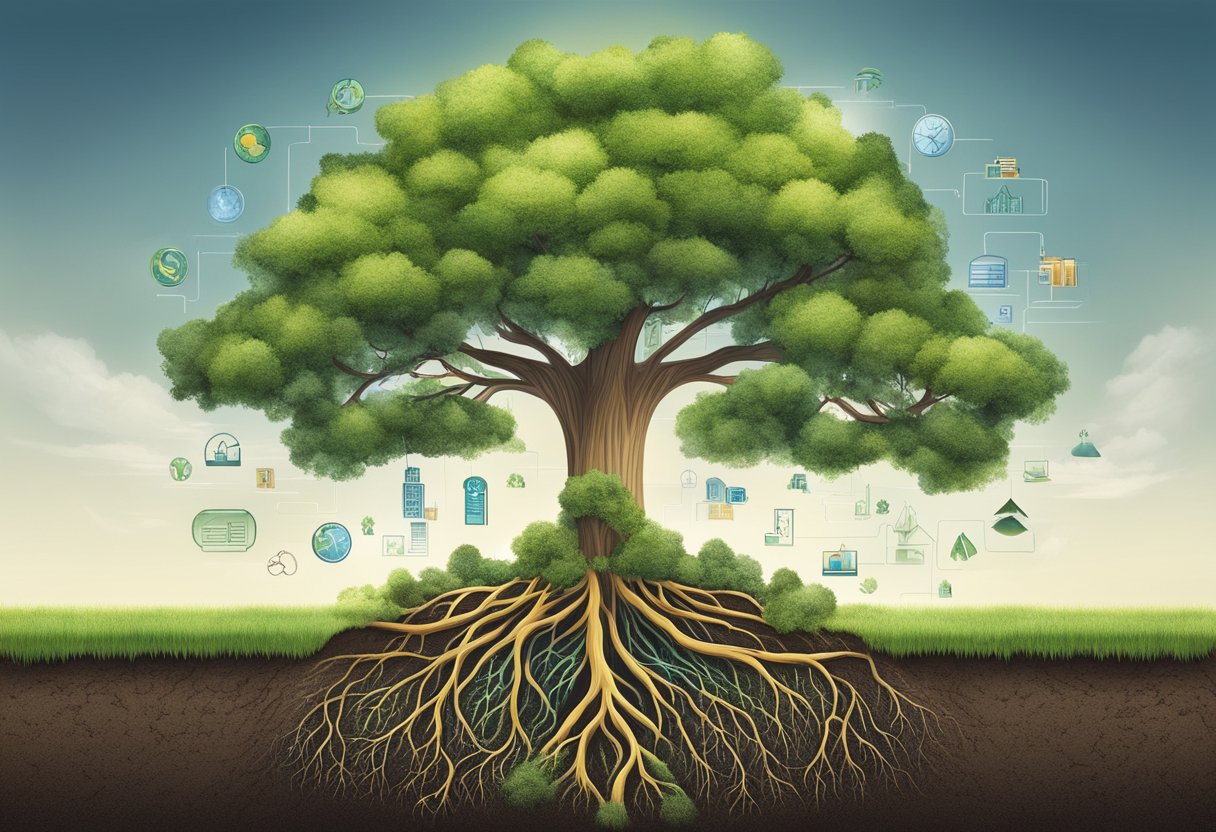 A tree growing tall with roots spreading deep into the ground, surrounded by a variety of investment symbols representing different strategies for long-term growth