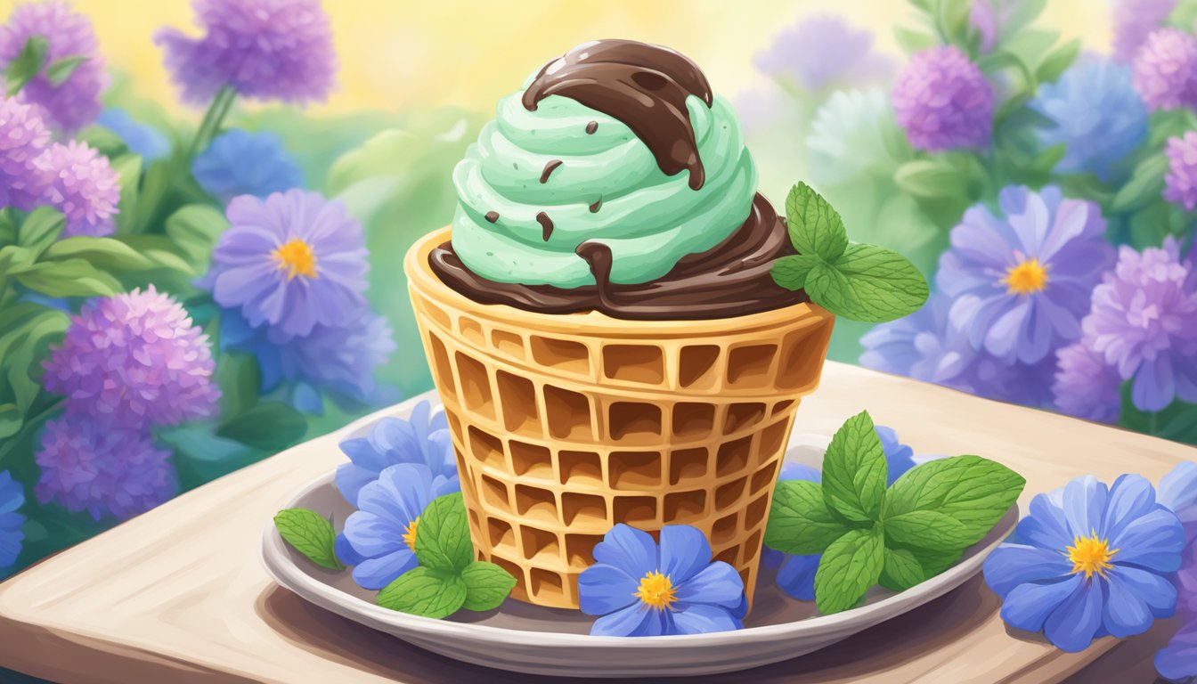 A sunny Texas day with a scoop of mint chocolate chip ice cream melting in a waffle cone, surrounded by vibrant blue bell flowers