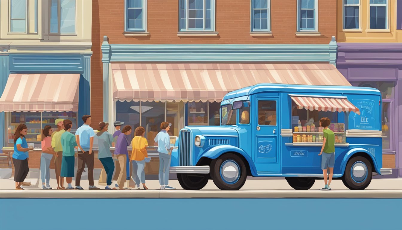 A vintage Blue Bell ice cream truck parked in front of a row of colorful storefronts, with a line of customers eagerly waiting to purchase their favorite flavors