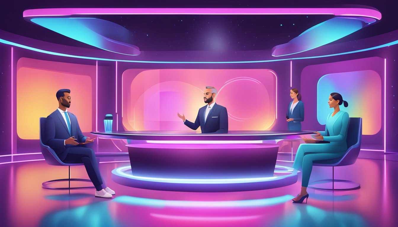 A futuristic talk show set with holographic guests and a sleek, high-tech interview stage