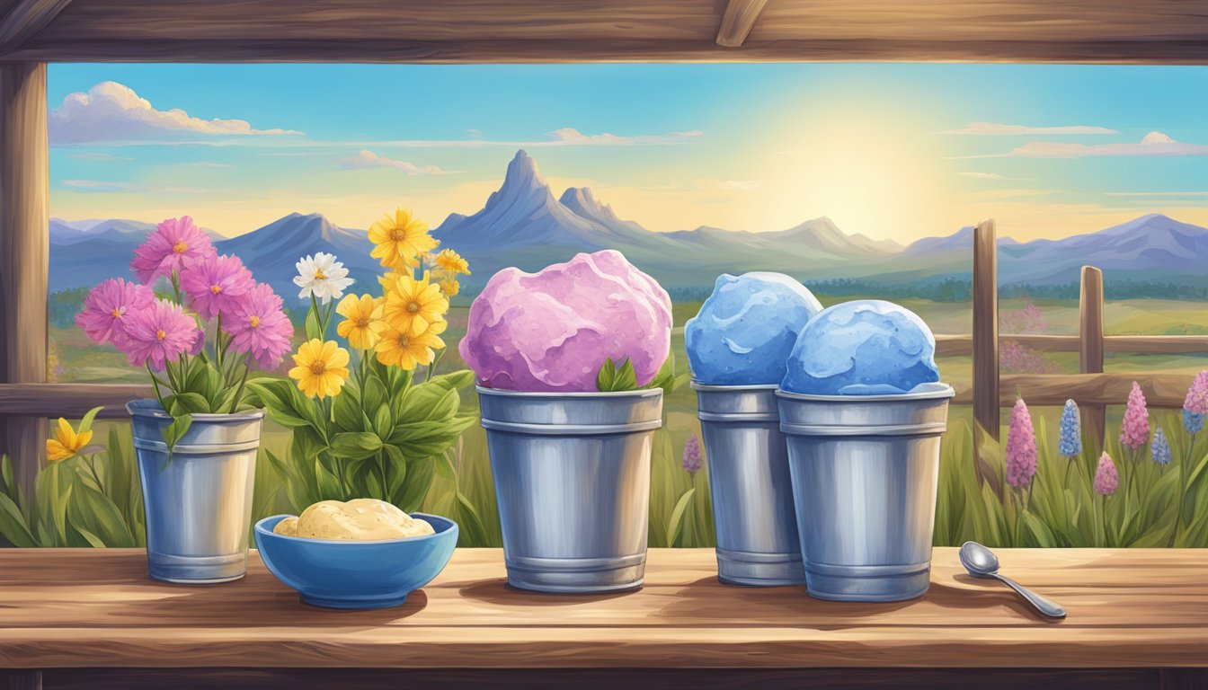 A sunny Texas landscape with a colorful array of Blue Bell ice cream flavors arranged on a rustic wooden table, surrounded by blooming wildflowers and a clear blue sky