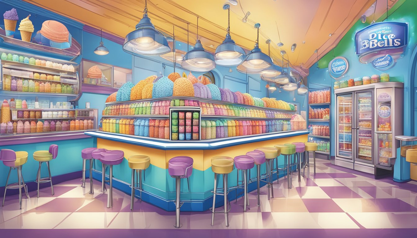 A colorful ice cream parlor with six unique flavors displayed in vibrant packaging, surrounded by other ice cream brands taking notes and admiring Blue Bell's influence