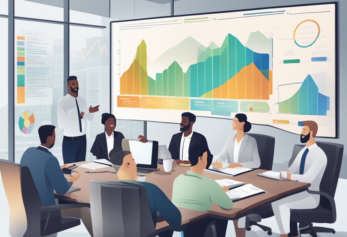 A group of individuals in a boardroom, discussing and strategizing long-term growth plans for an RDSP, with charts and graphs displayed on a screen