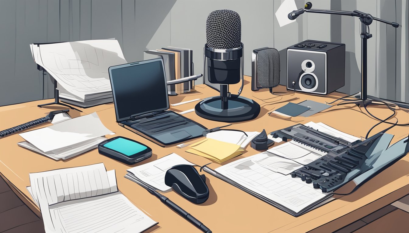 A microphone and recording equipment sit on a desk, surrounded by papers and notes. A chair is positioned in front, ready for an interview