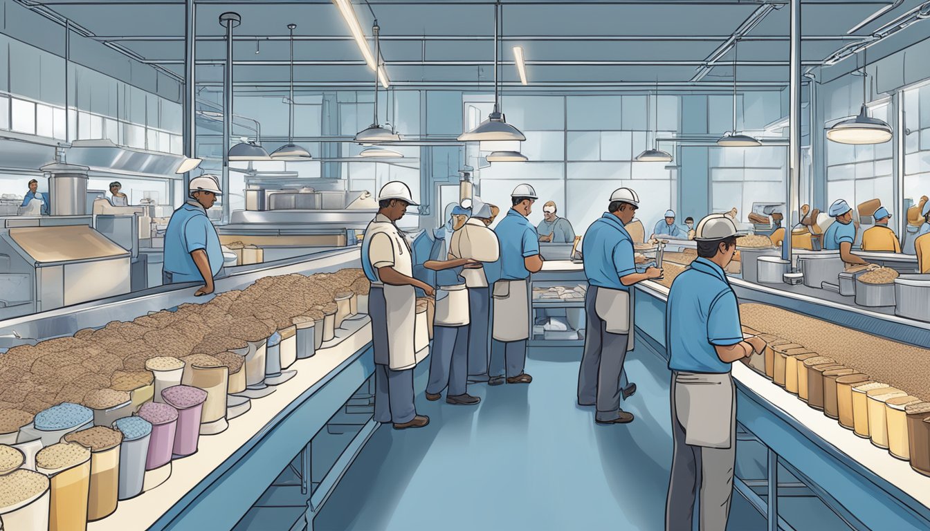 A bustling ice cream factory with workers packaging pints of Blue Bell while other brands' executives observe and take notes