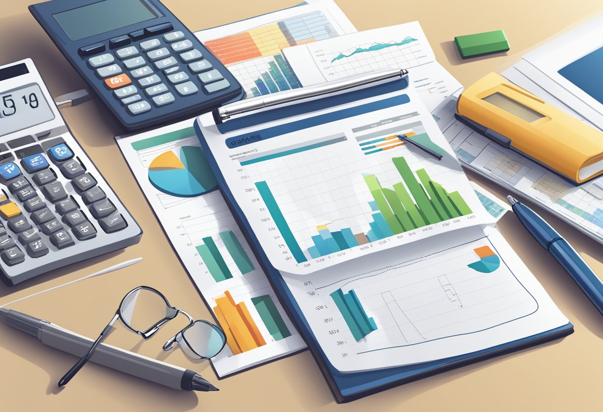 A table with financial documents, charts, and graphs spread out, alongside a calculator and a pen