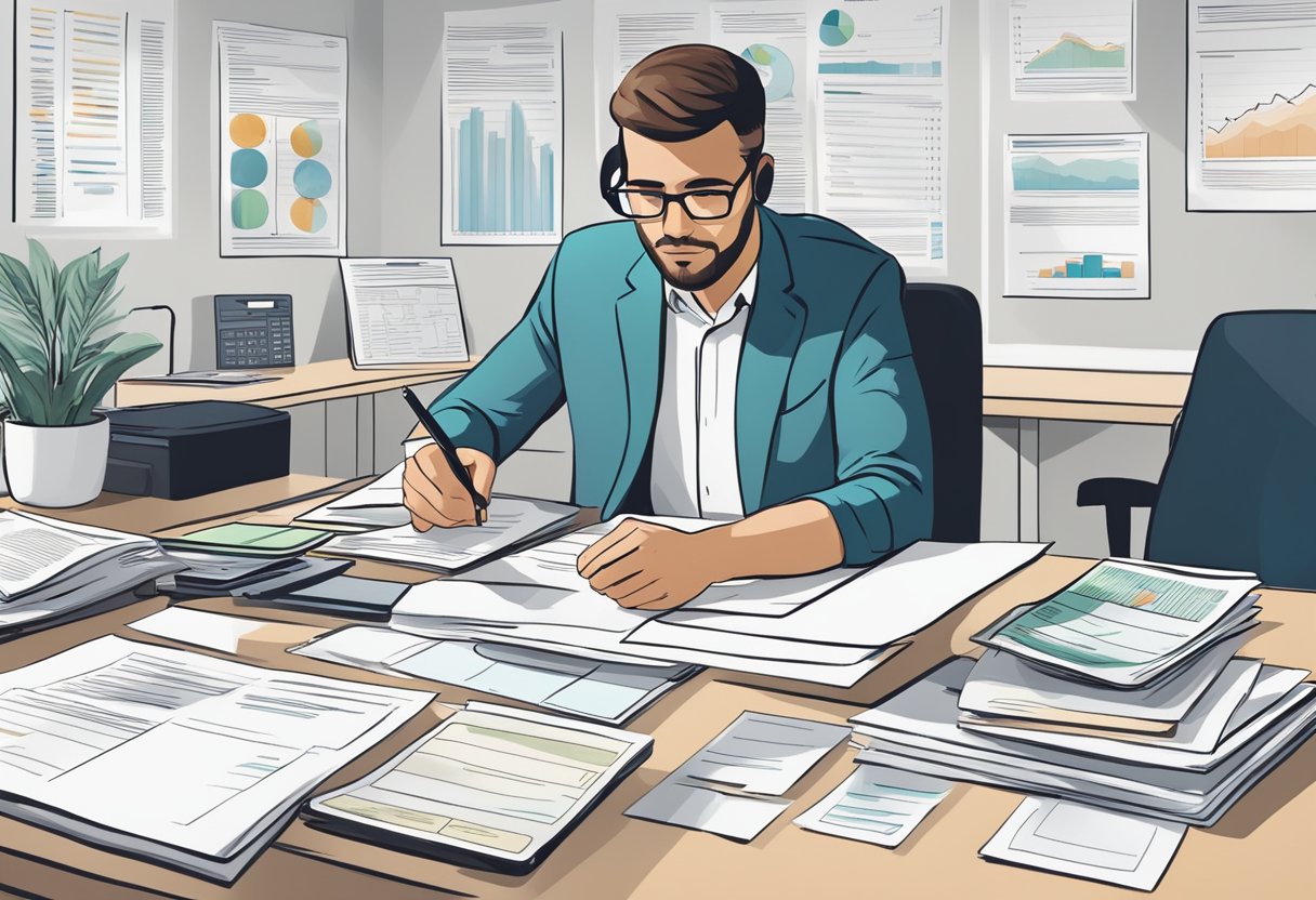 A person researching government benefits and RDSP strategies, surrounded by financial documents and charts, with a sense of determination and focus