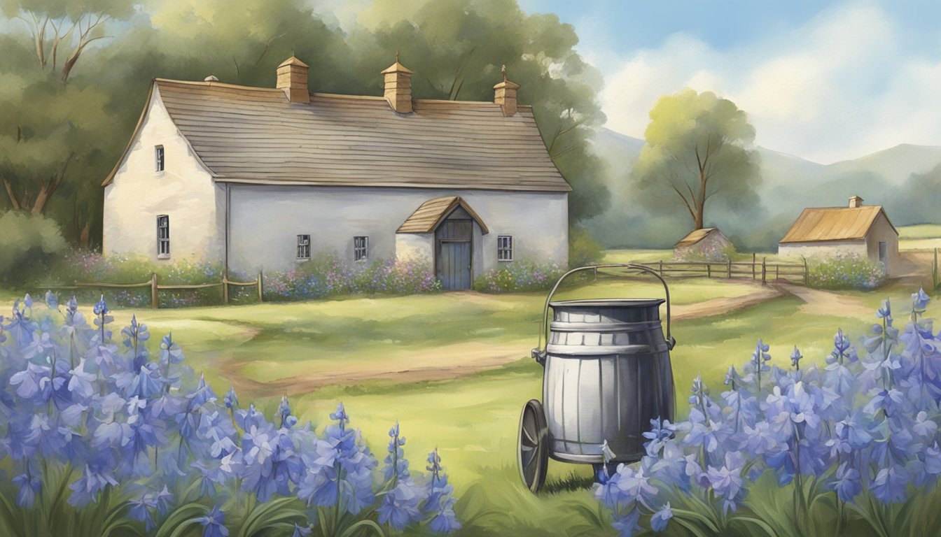 A vintage milk churn surrounded by bluebell flowers, with a rustic creamery building in the background