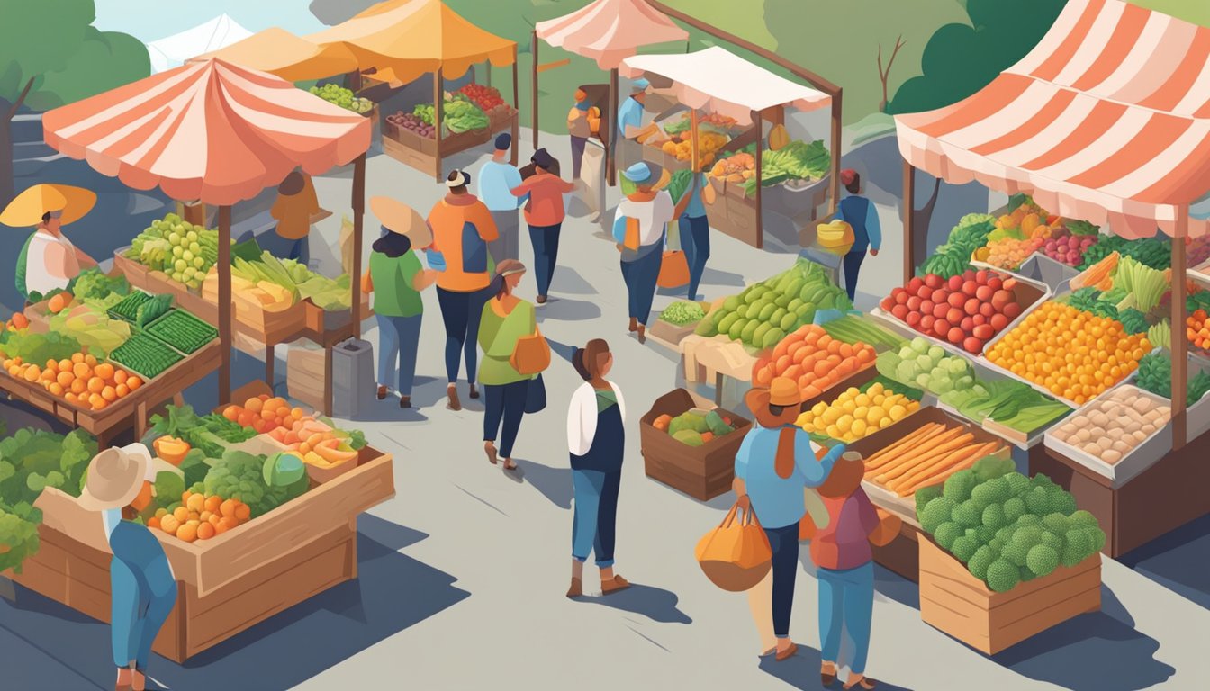 A bustling farmers' market with colorful produce and vendors selling fresh goods