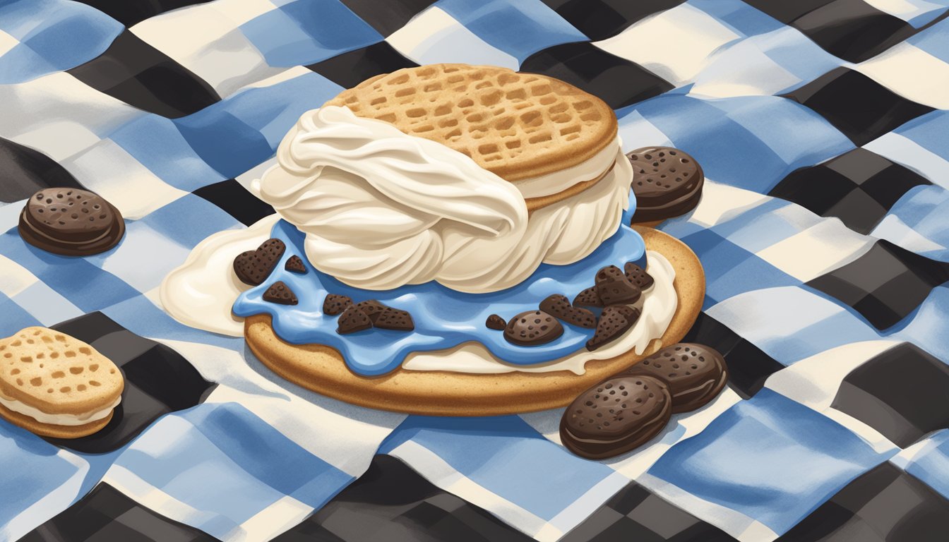 A classic Blue Bell Cookies 'n Cream Ice Cream Sandwich sits on a checkered picnic blanket, surrounded by melting scoops of ice cream and a warm summer sun