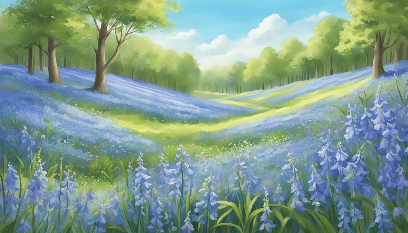 A field of blooming bluebells under a clear blue sky, with a gentle breeze carrying their sweet scent