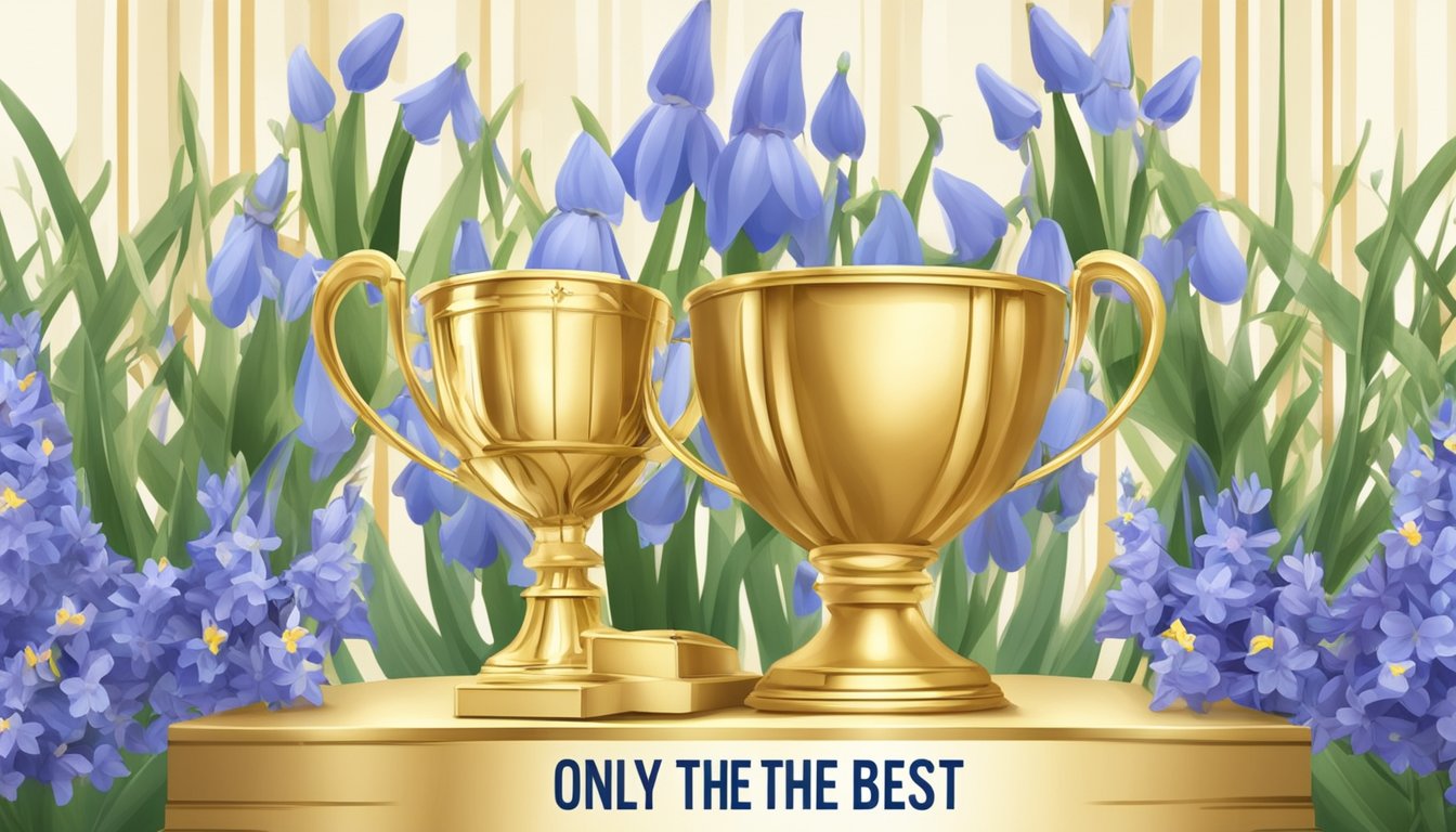 A podium with a gold trophy surrounded by blue bells and a banner with the slogan "Only the Best Take Home the Award."