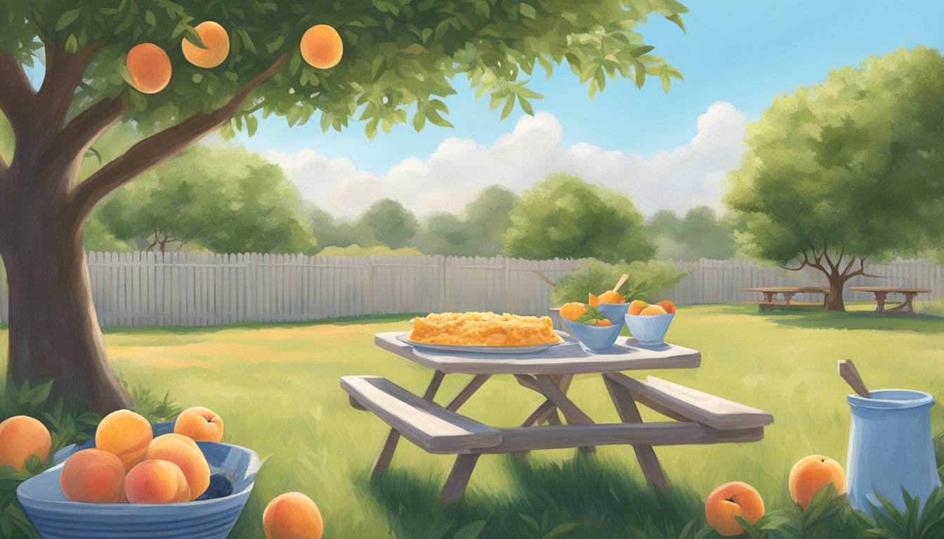 A sunny Texas backyard with a picnic table, surrounded by peach trees, and a big scoop of Blue Bell Southern Peach Cobbler Ice Cream in a bowl