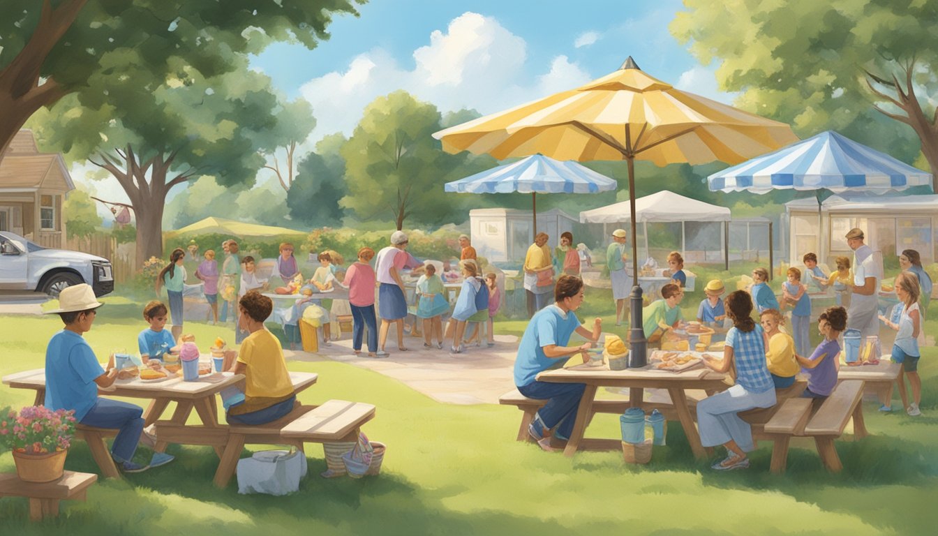 A sunny Texas backyard with a picnic table covered in a checkered tablecloth, surrounded by friends and family enjoying scoops of Blue Bell Banana Pudding Ice Cream