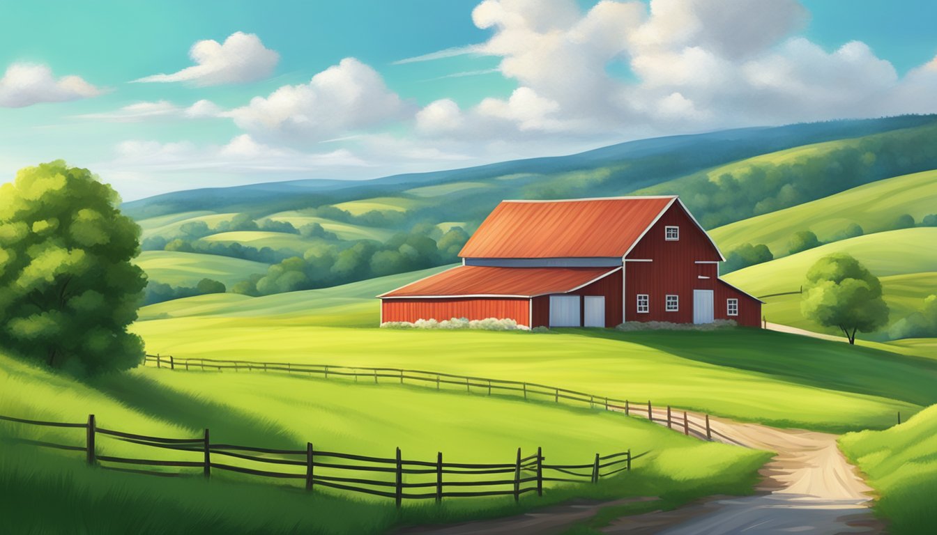 A scenic countryside with rolling green hills, a small farmhouse with a red barn, and a clear blue sky with fluffy white clouds