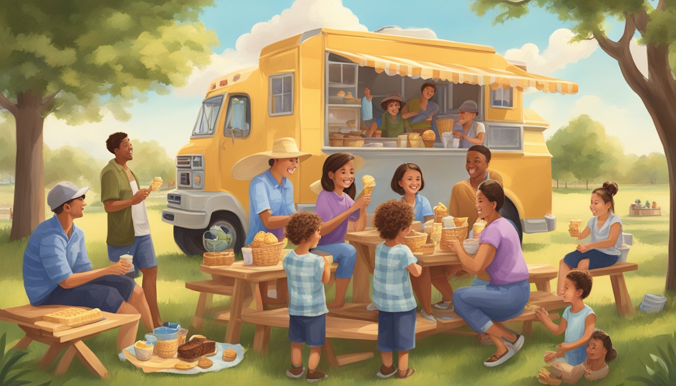 A sunny day at a Texas picnic with a scoop of Blue Bell Dutch Chocolate ice cream in a waffle cone, surrounded by happy families and friends