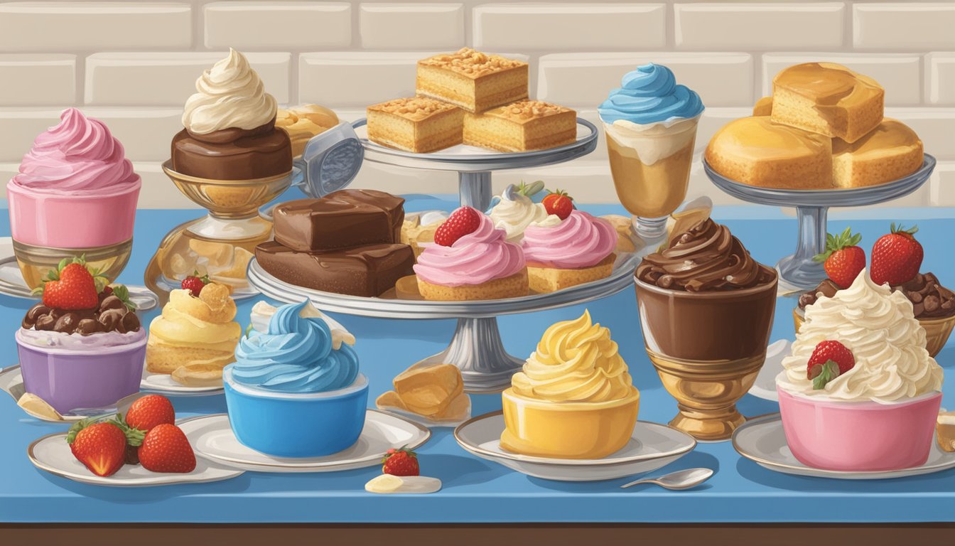 A colorful display of various desserts, surrounded by vintage Blue Bell ice cream advertisements