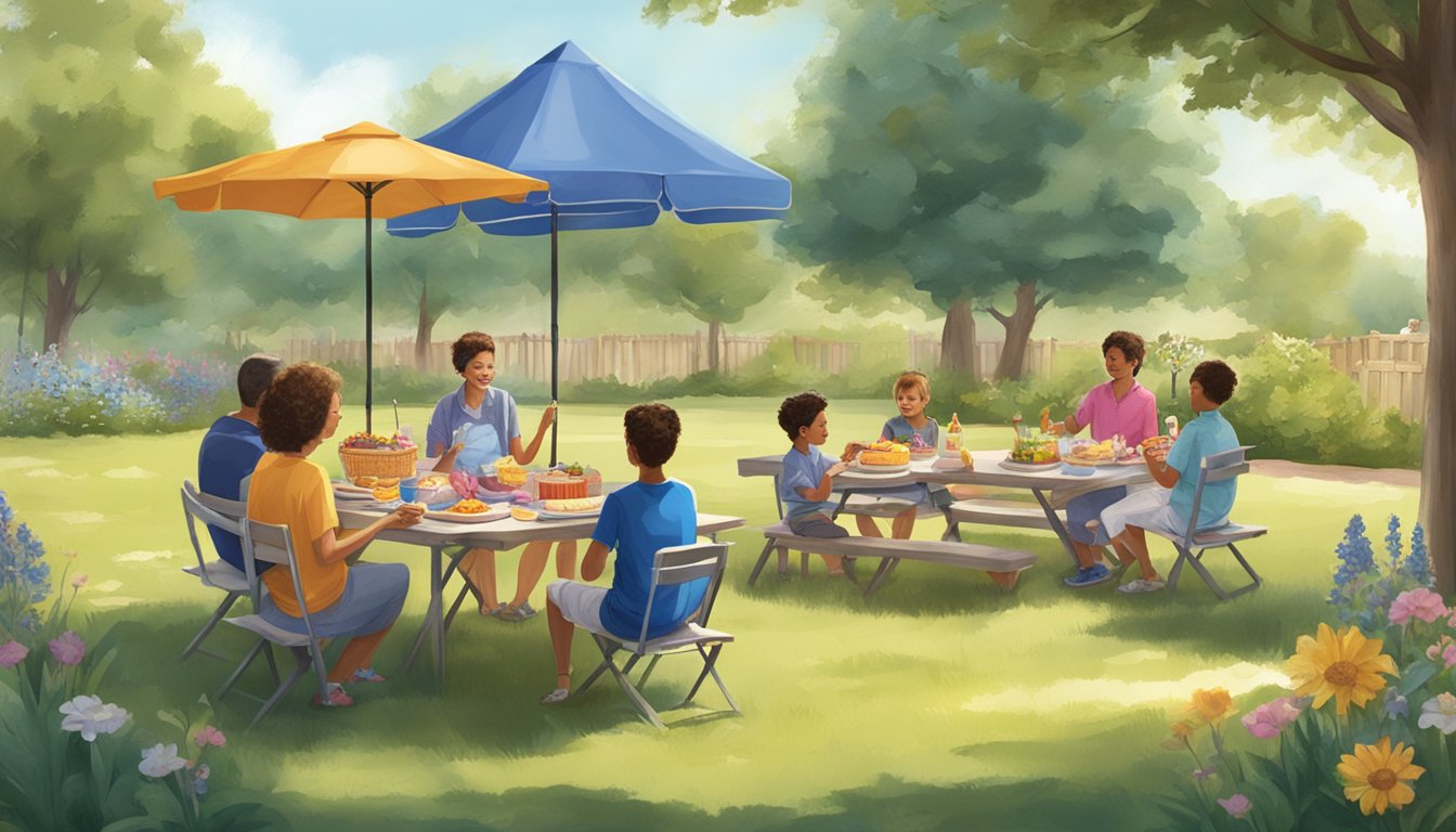 A sunny backyard picnic with a table set with Blue Bell Birthday Cake Ice Cream and a family enjoying the Texas summer