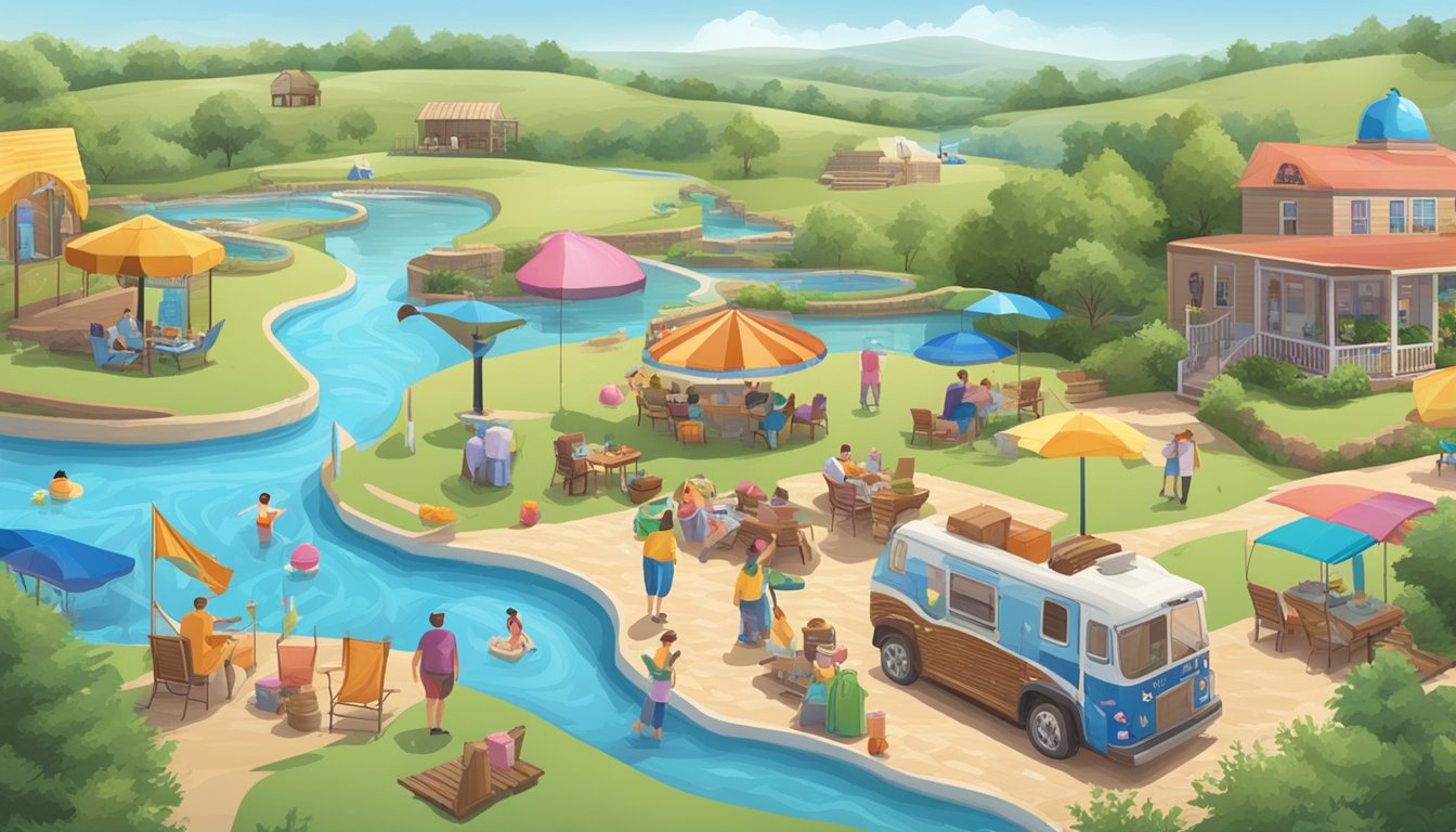 A sunny Texas landscape with a Blue Bell Milk Chocolate Bar and various summer activities like swimming, barbecuing, and enjoying ice cream