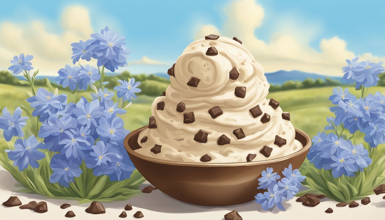 A scoop of Blue Bell Chocolate Chip Cookie Dough Ice Cream melting on a hot summer day, surrounded by Texas wildflowers and a clear blue sky