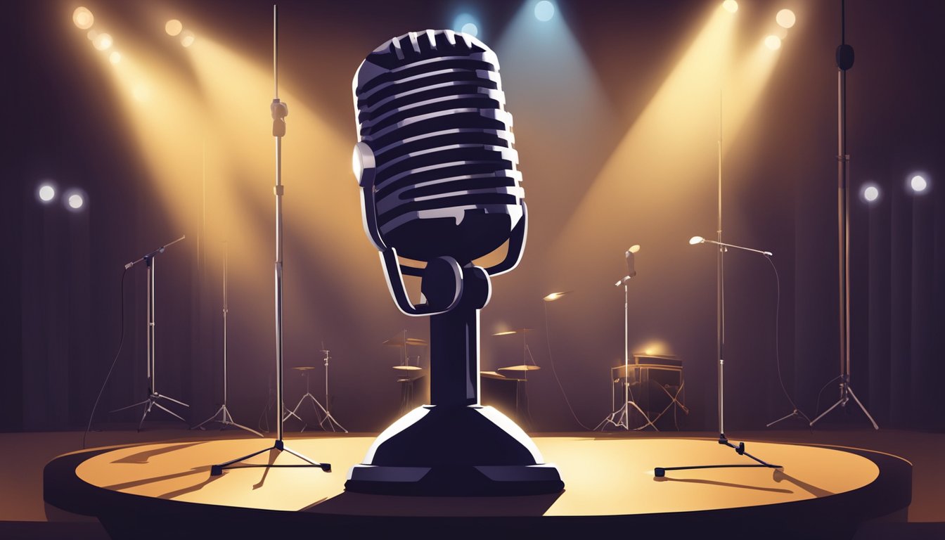 A lone microphone stands center stage, bathed in a warm spotlight. The surrounding instruments are ready, waiting for the energy of a live performance