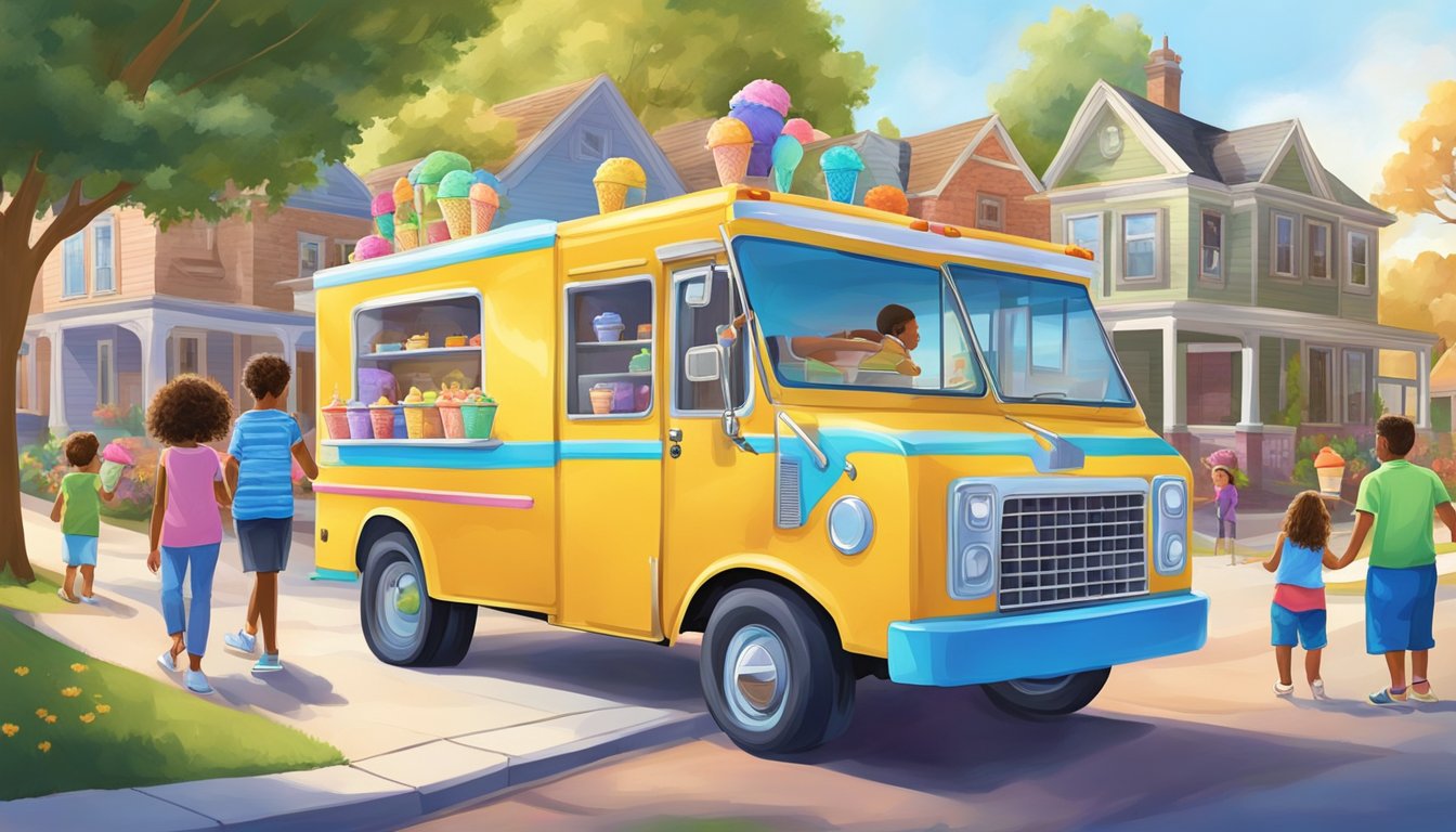 A colorful ice cream truck parked in a vibrant neighborhood, surrounded by happy families enjoying their favorite Blue Bell flavors