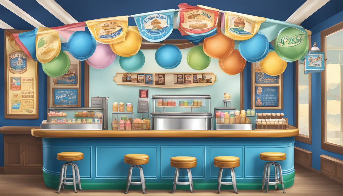 A vintage ice cream parlor with colorful banners, retro signage, and a display of classic Blue Bell products