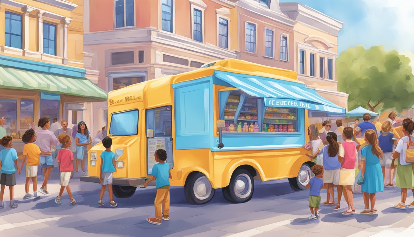 A colorful ice cream truck parked in a vibrant, bustling town square, with a line of excited customers waiting to sample the latest Blue Bell flavors