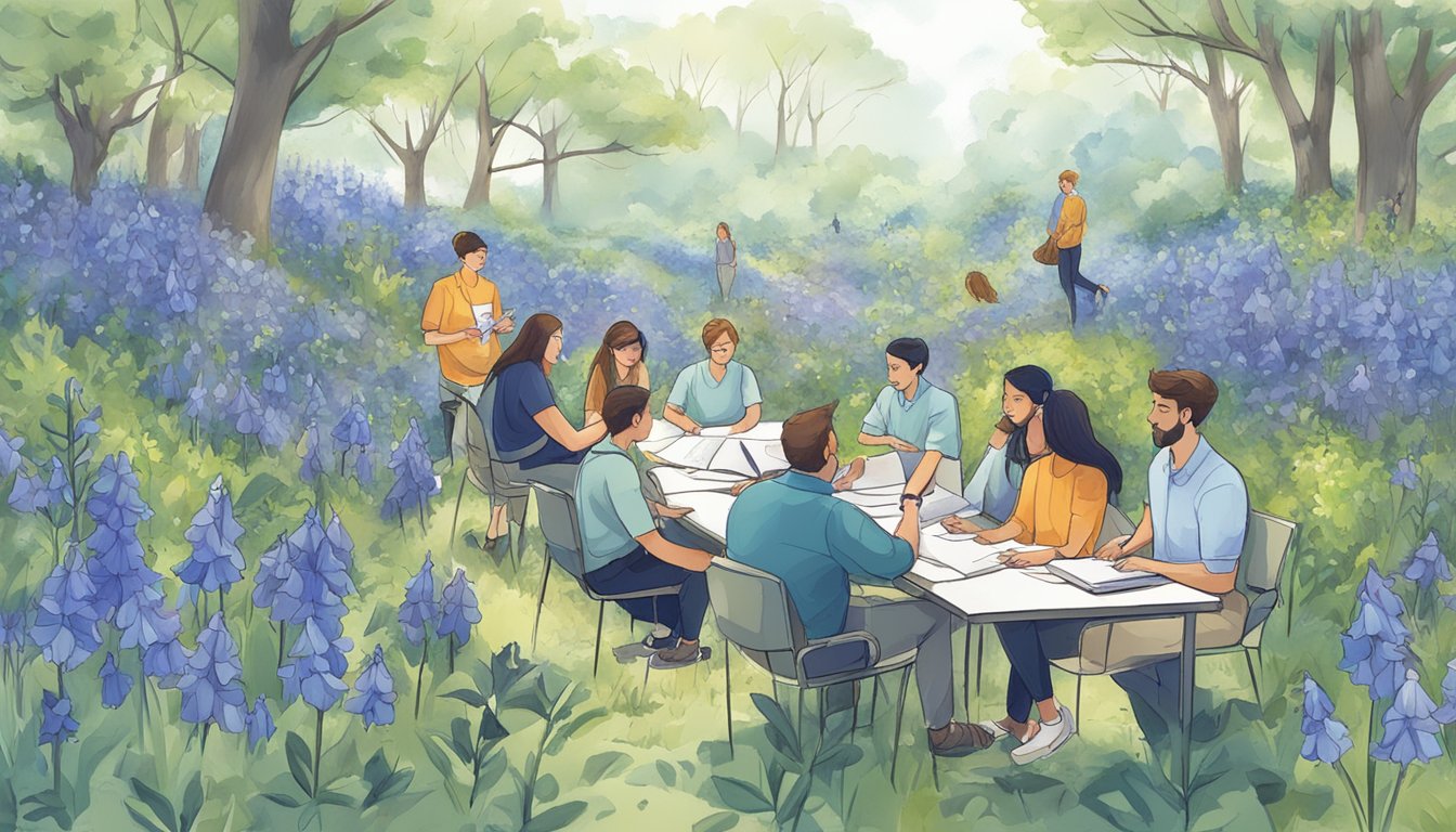 A group of people brainstorming, sketching, and discussing ideas while surrounded by blue bells and inspirational imagery