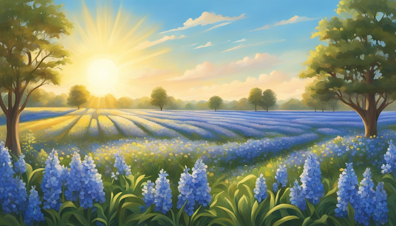 A vibrant blue bell flower field with a clear blue sky and the sun shining, evoking a sense of nostalgia and the essence of Texas summers