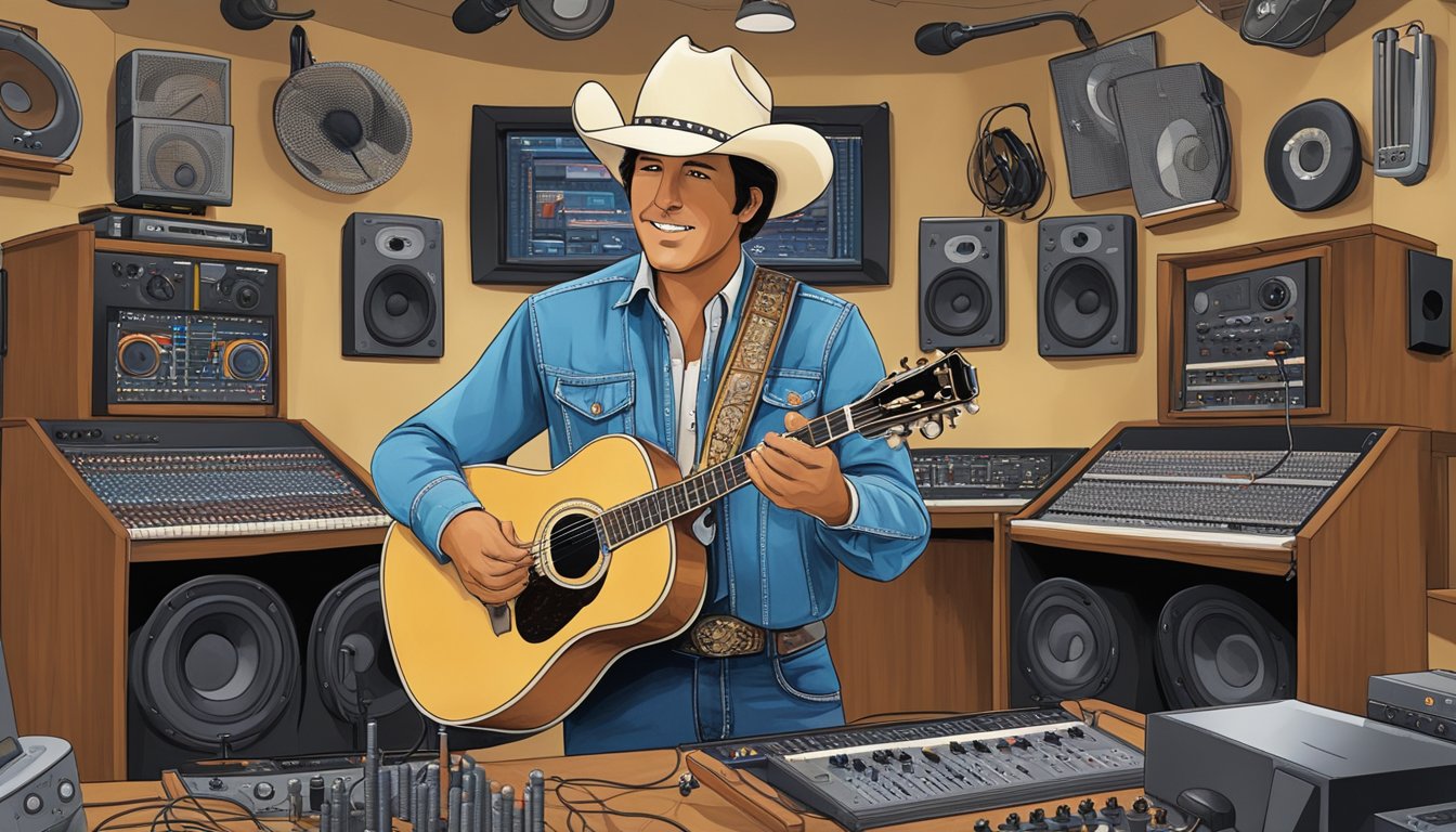 A young George Strait stands in a recording studio, surrounded by instruments and microphones, as he begins his journey into the world of music