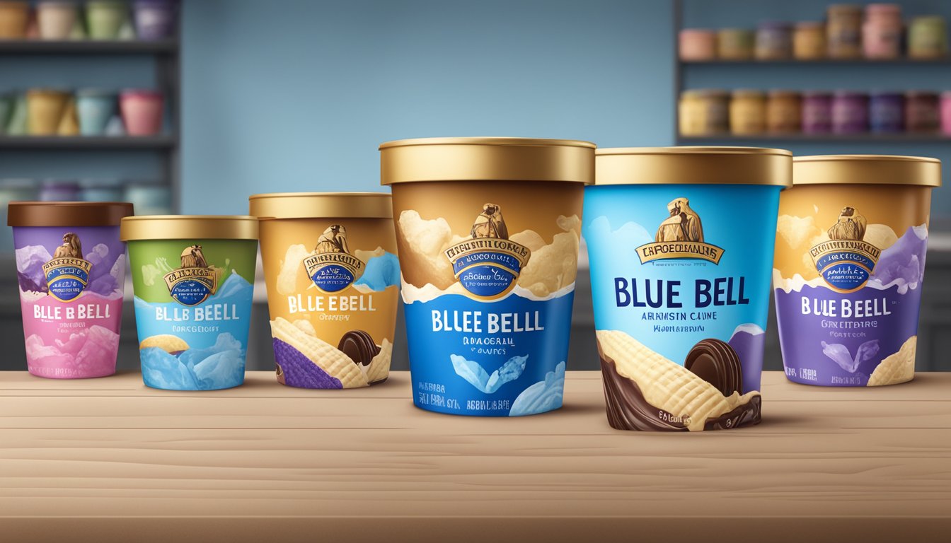 A colorful display of Blue Bell ice cream packaging arranged in a visually appealing manner, showcasing the vibrant branding and standing out on the shelf