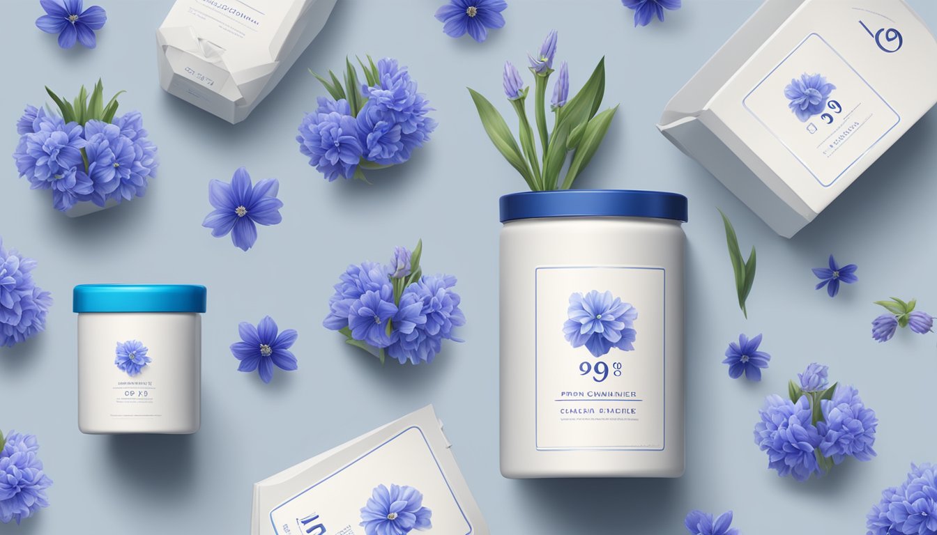 A vibrant blue bell flower surrounded by clean, modern packaging elements, with the number "9" prominently displayed