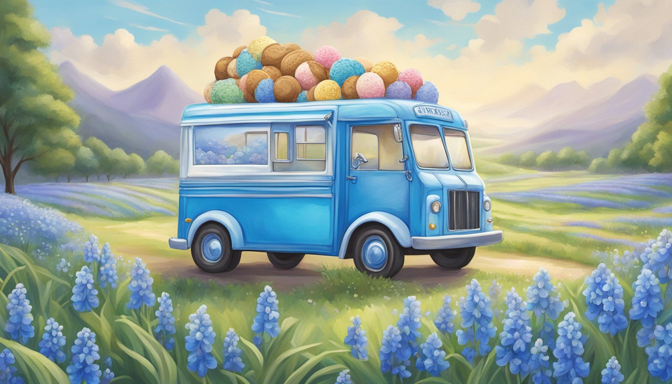 A whimsical ice cream truck adorned in shades of blue and white, surrounded by fields of blooming bluebells