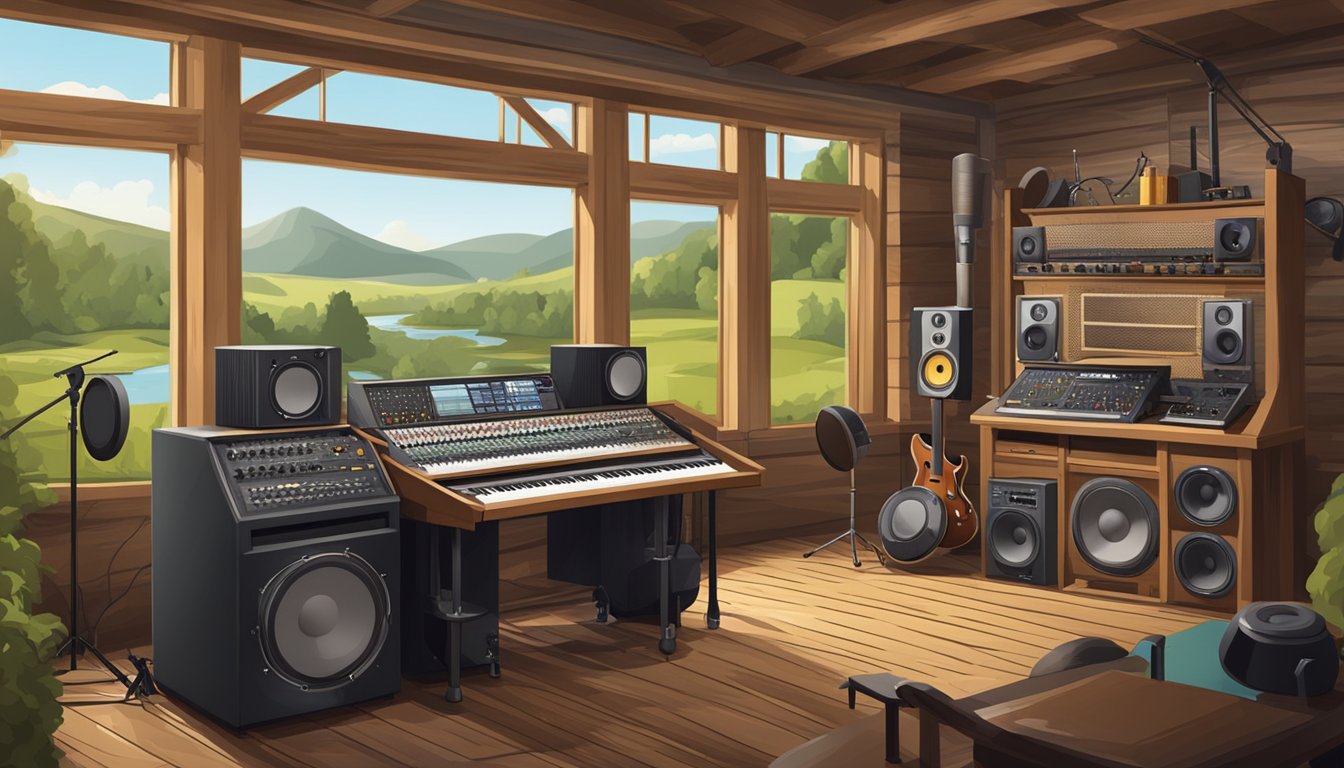 A rustic recording studio with vintage equipment and instruments, surrounded by rolling countryside and a winding river