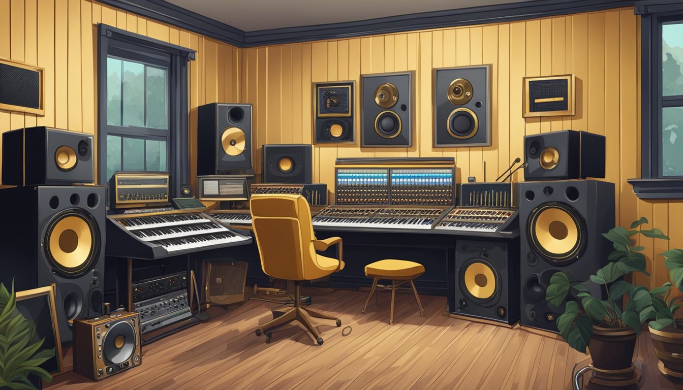 A bustling recording studio with vintage equipment and framed gold records on the walls. Musicians and producers work together in the creative space