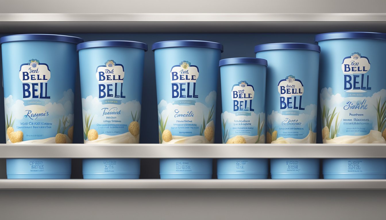 A row of Blue Bell ice cream containers in various sizes and shades of blue, arranged neatly on a shelf with clean, modern packaging