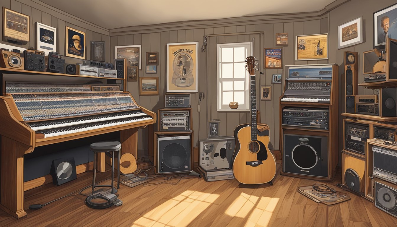 A sunlit studio with vintage recording equipment and instruments, posters of George Strait's album covers on the walls, capturing the evolution of his iconic country music sound