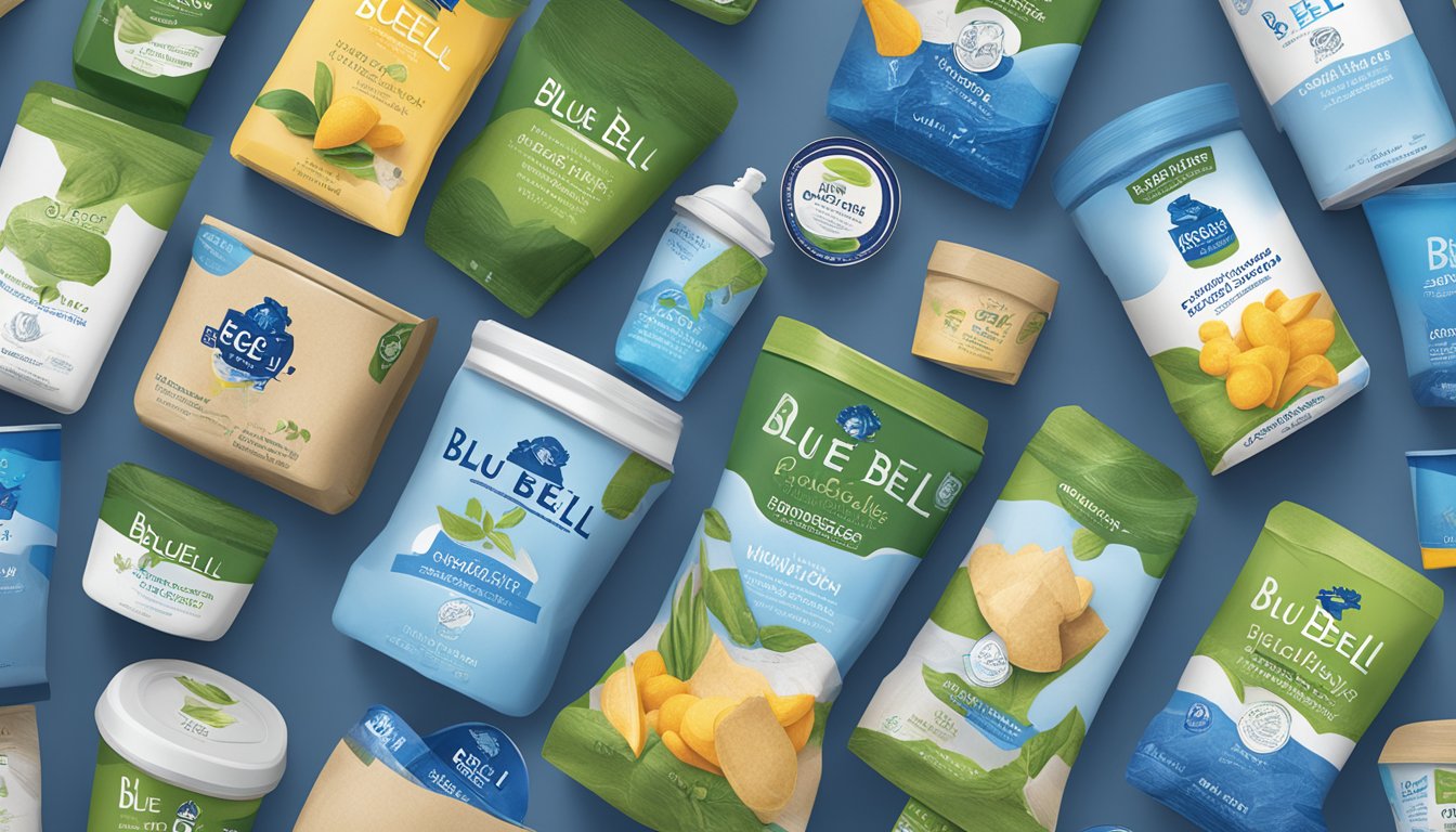 A vibrant display of recyclable and biodegradable materials arranged in a clean and modern design, showcasing the eco-friendly packaging of Blue Bell products