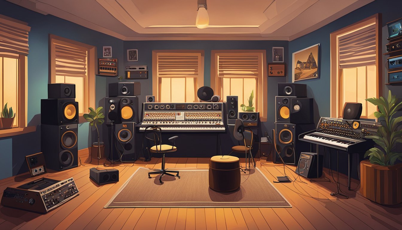 A vintage recording studio with analog equipment and iconic album covers adorning the walls. The room is filled with the warm glow of tube amplifiers and the sound of music echoing through the space