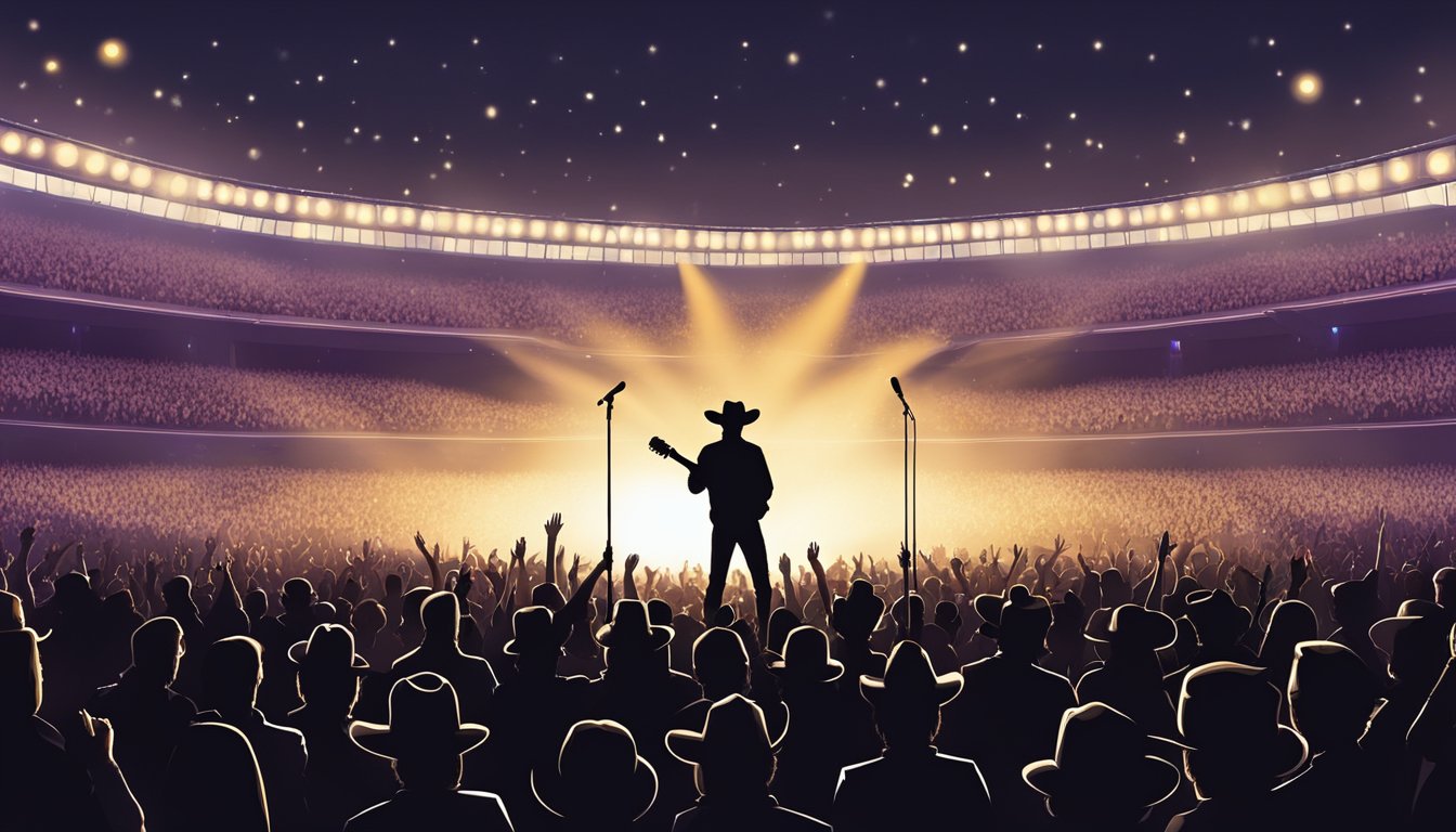 A lone microphone stands center stage, bathed in a spotlight, surrounded by a sea of cheering fans. The silhouette of a guitar and cowboy hat loom in the background