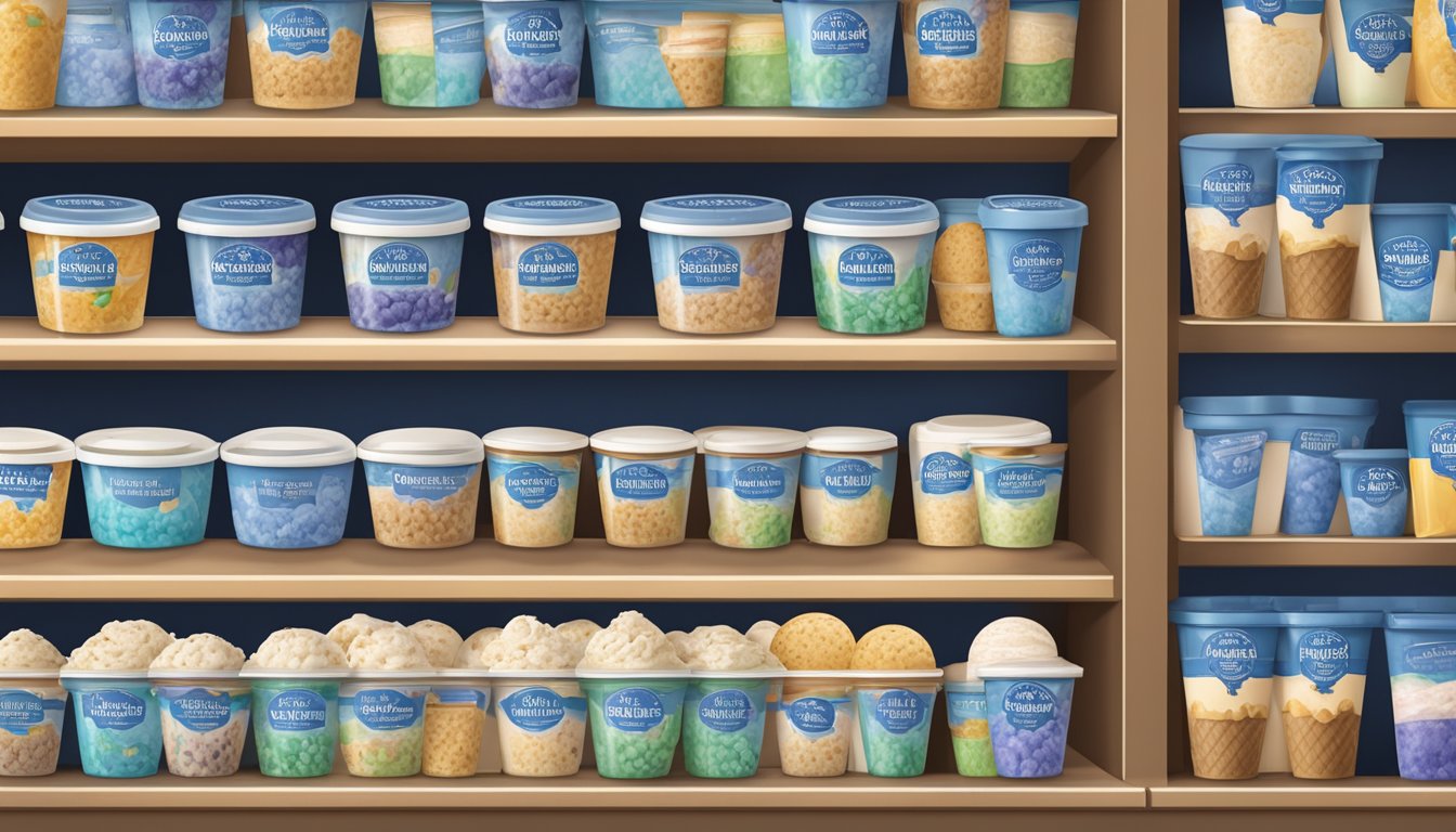 A colorful display of Blue Bell ice cream containers with clear, user-friendly labels arranged neatly on a grocery store shelf