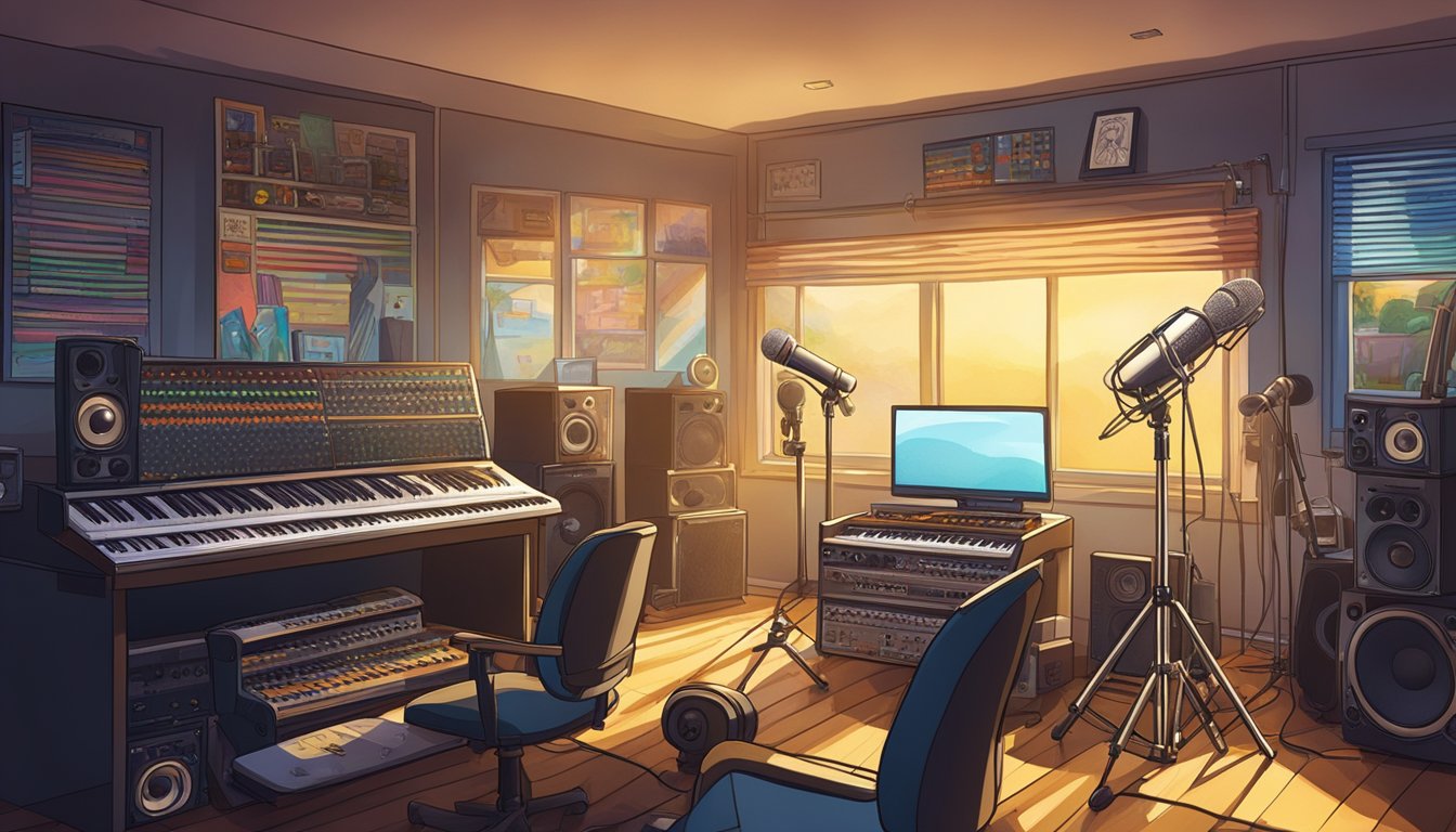 Sunlight streams into a modern recording studio, illuminating instruments and equipment. A mixing board and microphone stand ready for use, surrounded by posters of George's past hits