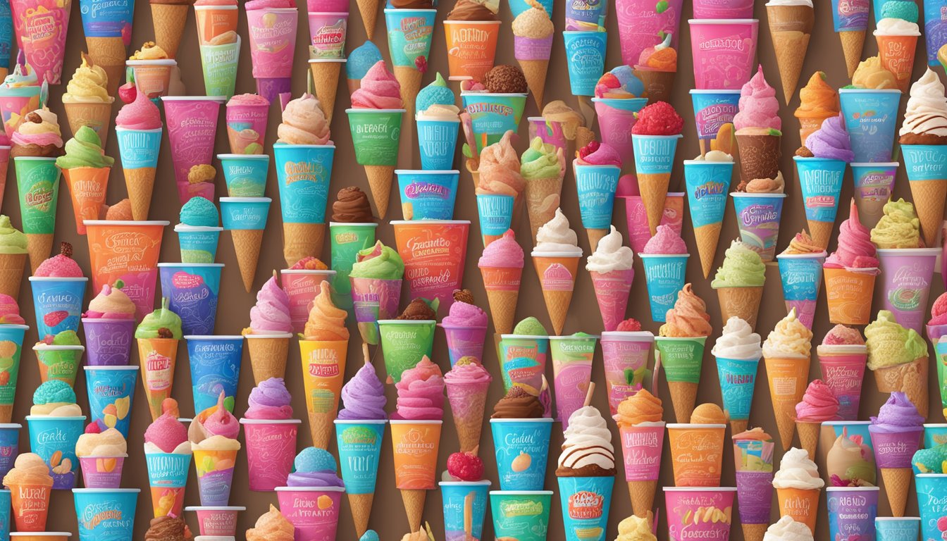 A colorful array of ice cream cartons with vibrant and bold flavor names and descriptions, arranged in an eye-catching display