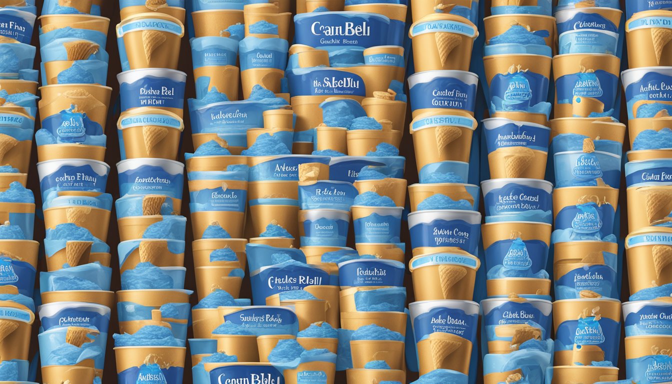 A colorful array of Blue Bell ice cream cartons arranged in a neat and eye-catching display, showcasing the various sizes and flavors available