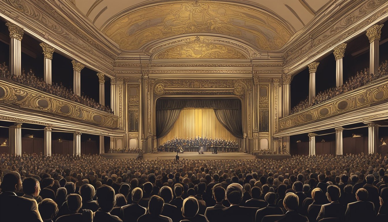 A grand stage with ornate decor and a packed audience in a historic concert venue