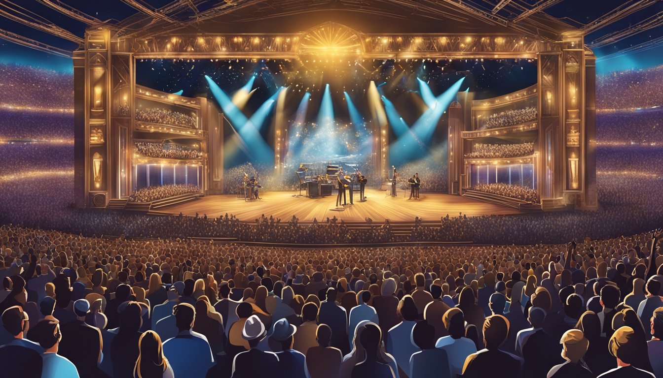 A grand stage with elaborate set design and lighting, surrounded by a sea of enthusiastic concert-goers, eagerly awaiting the performance of a legendary country music artist